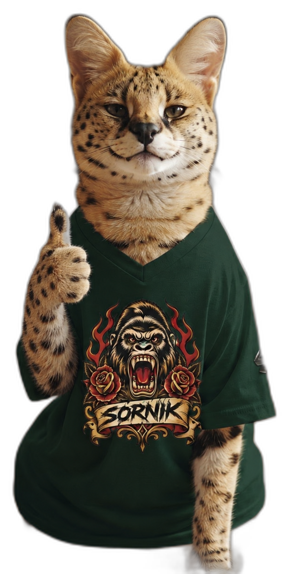 Sornik-Serval-Maskottchen im grünen Sornik-Shirt